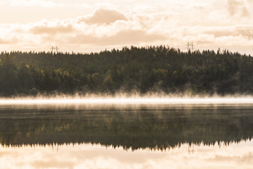 Fog and reflections on calm lake, Sweden.