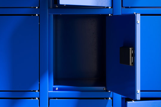 Blue Safe Deposit Boxes With One Opened Locker. Safety Closets. 3d rendering.