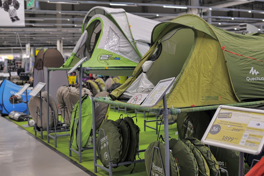 Russia, St. Petersburg 20,02,2014 Tents for hiking in a sports shop
