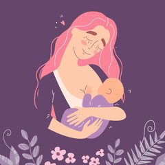 Beautiful young mother breastfeeds her baby. A woman hugs a baby and feeds it with breast milk.