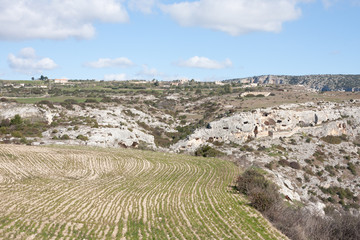 rock church in a gravine in the Matera Murgia Park.