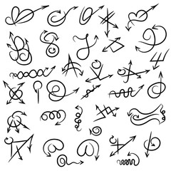 Arrow doodles vector. A set of simple sketches of arrows. Up, down, left, right ones. The effect of a pencil sketch isolated on white background. Vector eps 10.