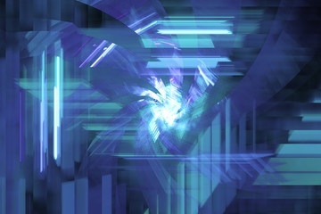 Neon glowing lines and shapes flying in the space. Geometric sci-fi structure. Abstract creative modern background