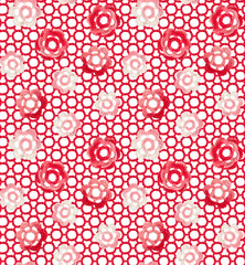 Seamless pattern of Irish lace crocheted on a mesh of air loops. The ornament is knitted with red and pink melange yarn.