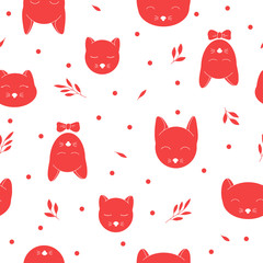Seamless pattern with cute cat heads. Red heads on a white background.