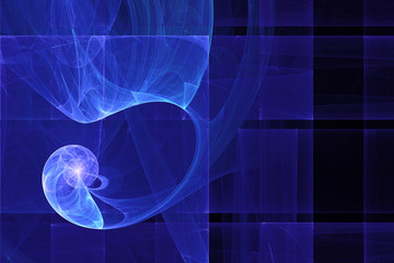 Neon glowing lines and shapes flying in the space. Geometric sci-fi structure. Abstract creative modern background