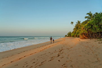 Sri Lanka ocean sand tropical palm beach with walking man and boy
