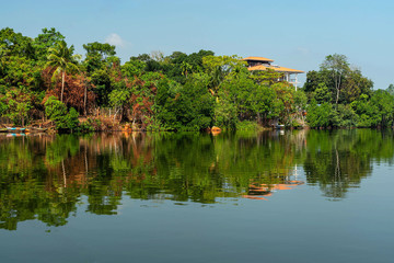 Sri Lanka tropical loandscape, Koggala lake with hotel in mangrove trees