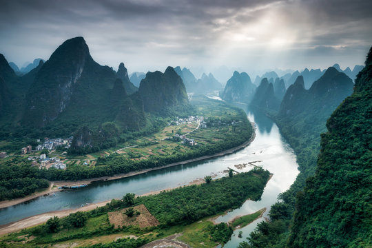 Xingping village and Karst mountains along the Li River, Guangxi, China