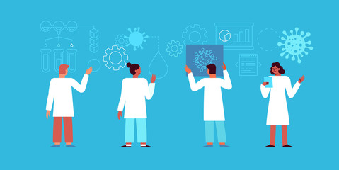 Vector illustration in flat simple style with characters - novel coronavirus concept, covid-19 - medical team and scientist working on tests and vaccine development
