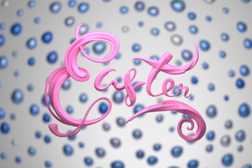 Happy Easter background with lettering decorated by colorfull eggs. Invitation realistic 3d illustration greeting card, ad, promotion, poster, flyer, web-banner, article, social media