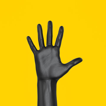 Hand up showing five count gesture. Five fingers open palm female black hand isolated 3d rendering. Art creative voting and communication concept banner.