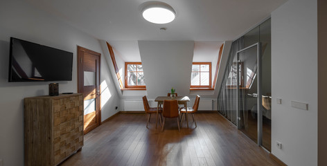 Modern contemporary interior of living room with furniture and tv. Sloping ceiling. Private house.