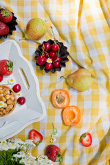 Picnic at the park. Fresh fruits and tarts with berries and nuts