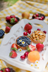 Picnic at the park. Fresh fruits and tarts with berries and nuts
