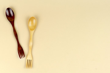 Reusable wooden spoon and fork. Concept zero waste. Lunch Out. Top view. Copy space.