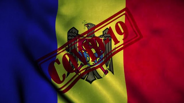 Covid-19 stamp on the national flag of Moldova. Coronavirus concept