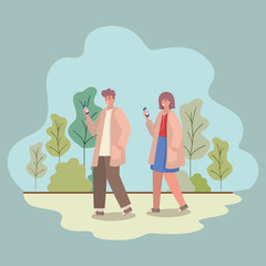 Girl and boy with smartphones at park vector design