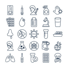 Icon set of injection and covid 19 concept, line style