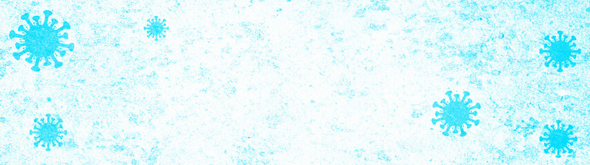 CORONAVIRUS - Turquoise cartoon virus isolated on white spotty abstract rustic texture background banner panorama, top view with space for text