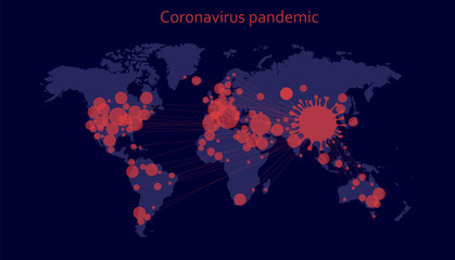 Coronavirus pandemic (covid-19). Vector illustration of the spread of the virus on a world map. Global catastrophe.