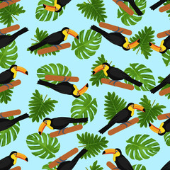 Seamless toucan pattern design with tropical leaves. Toucan background. Tropical birds and leaves pattern