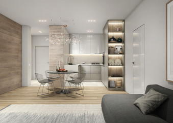Visualisation of modern kitchen, with some living room details.