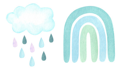 Watercolor illustration with neutral calm blue rainbow, cloud and raindrops isolated on white.