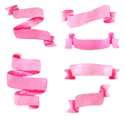 Watercolor set of pink banners isolated on white.