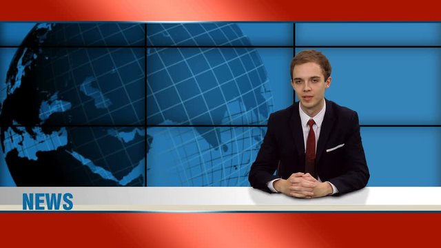 Male anchorman in broadcasting studio talking last news