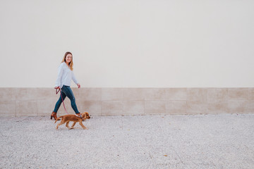 young woman at the street walking with her cute cocker dog. Lifestyle outdoors with pets