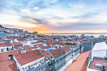 Lisbon, Portugal, Dec 2019: Lisbon skyline at sunny day-panorama
