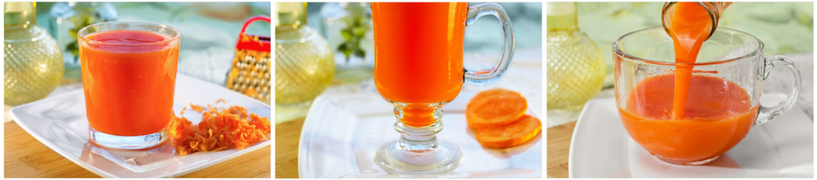 Collage of photos with fresh carrot juice. Selective focus