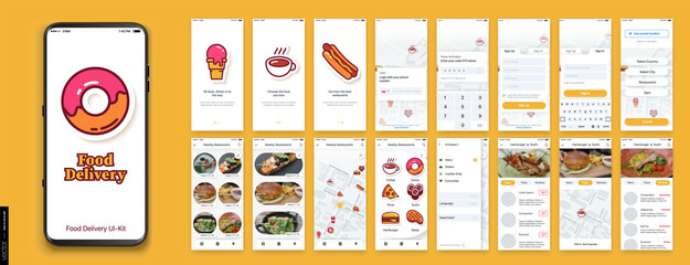 UI, UX, GUI Mobile app design. Food Delivery, Search for Cafes and Restaurants, a selection of dishes. Delivery of Pizza, Sushi, Fast Food, Donuts. Tracking on a city map. - obrazy, fototapety, plakaty