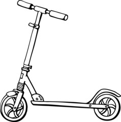 Black and white hand drawn illustration of  push scooter