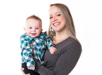 A mother with the baby boy on studio white background