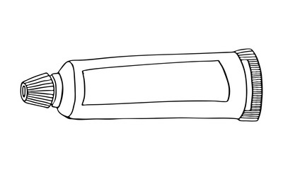Toothpaste is dental product for individual oral hygiene at home in the bathroom. Large tube of toothpaste. Vector isolated flat doodle realistic drawing with black outline on white background icon.