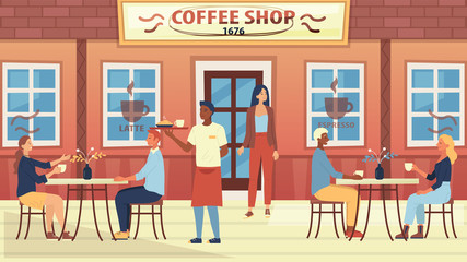 Coffee Shop Concept. People Are Sitting In Cozy Urban Cafe And Drink Coffee. The Waiter Brings The Order. Characters Are Communicating And Have A Good Time. Cartoon Flat Style. Vector Illustration