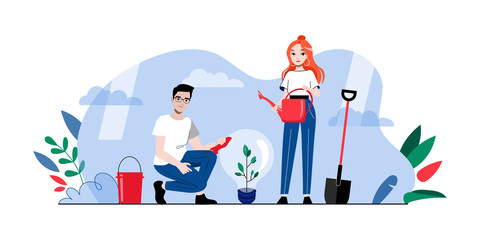 Creativity, Brainstorm And Teamwork Concept. Man And Woman Business People Planting And Watering Plant In Bulb. Metaphor Of Launching New Project Or Startup. Cartoon Flat Style. Vector Illustration