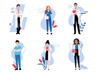 Concept Of Healthcare. Set Of Doctor Characters In Uniform Men And Women Are Working Together. People Are Ready To Consult And Treat Patients. Cartoon Linear Outline Flat Style. Vector Illustration