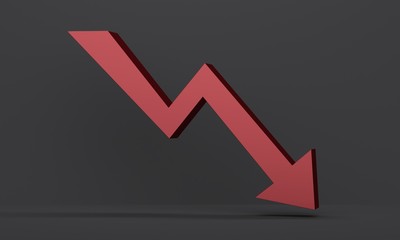 Black studio background with overhead lighting and a red arrow. Business concept of economic crisis. 3d rendering