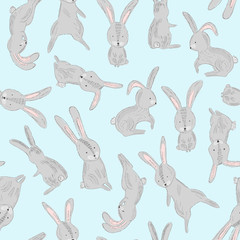 Tender blue baby seamless pattern with jumping, sitting, sleeping gray Easter rabbits with pink ears. Hand drawn sketch hare illustration for kids textile design, wrapping paper, surface, background