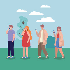 Girls and boys with smartphones at park vector design