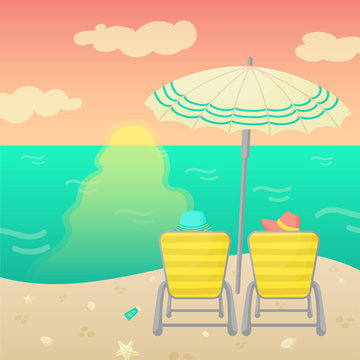 Sunset on the sea. Two people are relaxing on the beach. Vacation at the resort. Great for illustrating articles, advertising design. Vector illustration.