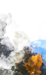 Watercolor painted background with blots and splatters. Brush stroked painting. 2D Illustration.