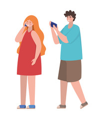 Boy and girl with smartphones vector design