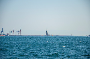 Maidens Tower in Bosphorus Strait on sunny day, One of the symbols of Istanbul, Turkey 