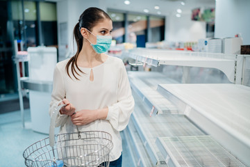Shopping during the epidemic.Buyer wearing a protective mask.Panic buying during coronavirus...