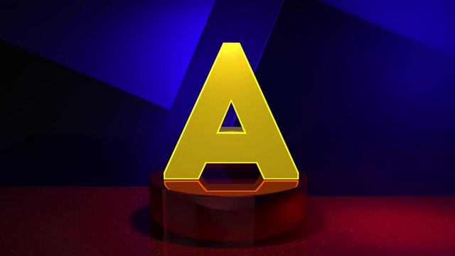 3D Render animation letter F font alphabet transition 4K. Typographic design element. Yellow font on a blue background with red fragments.