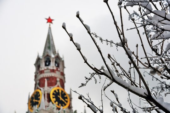 Moscow Kremlin, Spasskaya clock tower. Color winter photo.